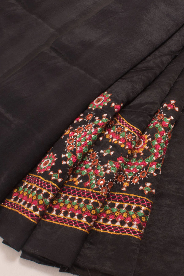 Black Mirror Embroidered Mashru Blouse Material-Rutambhara-RUTAMBHARA
