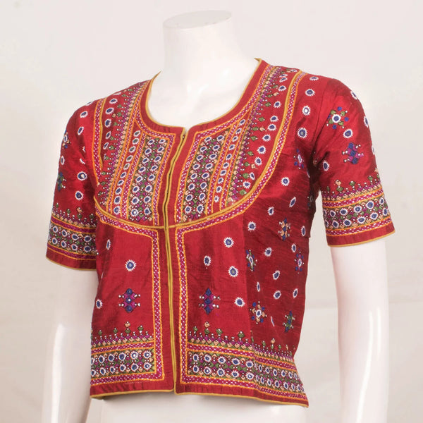 Maroon Raw Silk Kutchi Blouse Hand Embroidered-Rutambhara-RUTAMBHARA