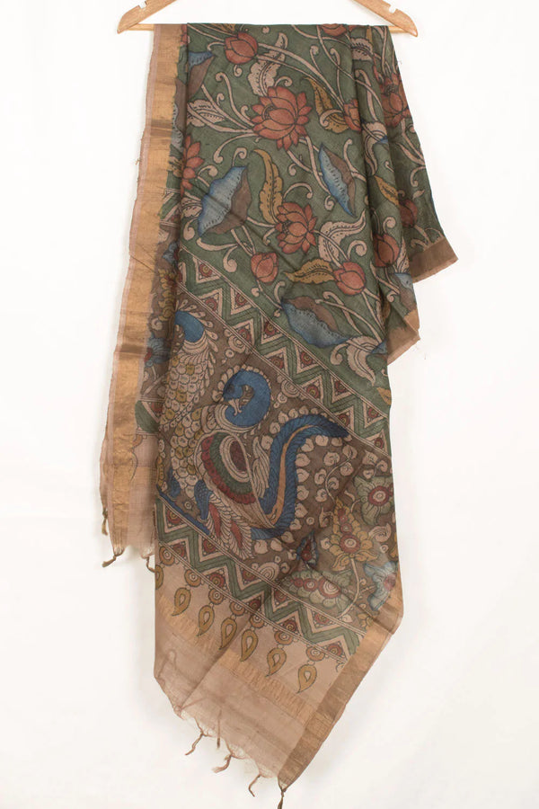 Hand Painted Pen Kalamkari Tussar Silk Dupatta-Rutambhara-RUTAMBHARA