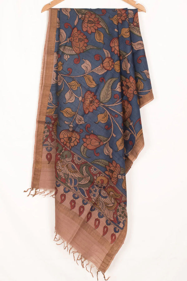 Hand Painted Pen Kalamkari Tussar Silk Dupatta-Rutambhara-RUTAMBHARA