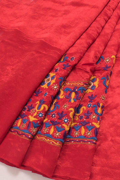 Red Mirror Embroidered Mashru Blouse Material-Rutambhara-RUTAMBHARA