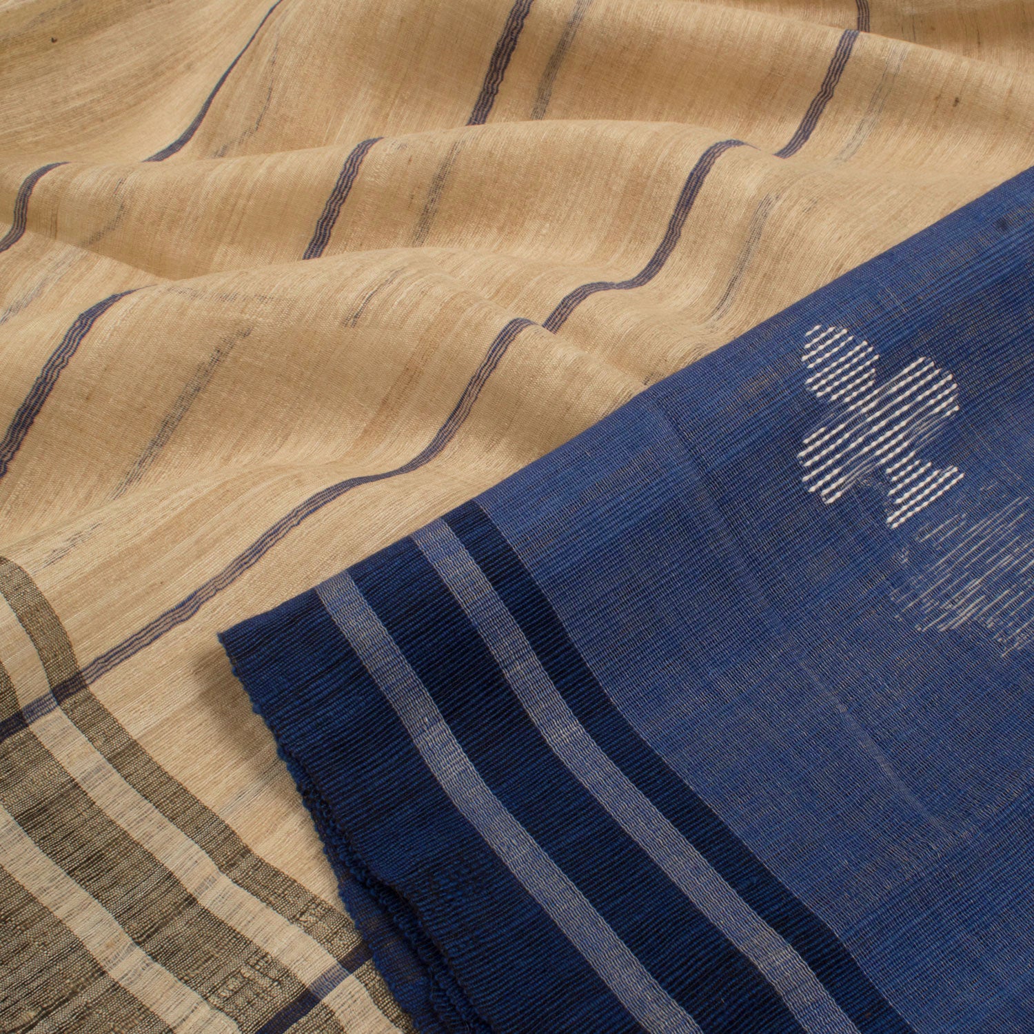 Beige and Indigo Tussar Cotton Saree