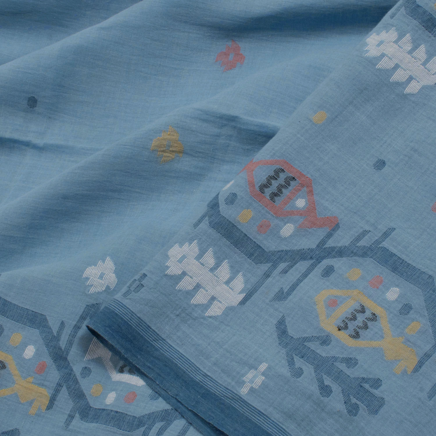 Pastel Blue Handwoven Jamdani Muslin Cotton Saree