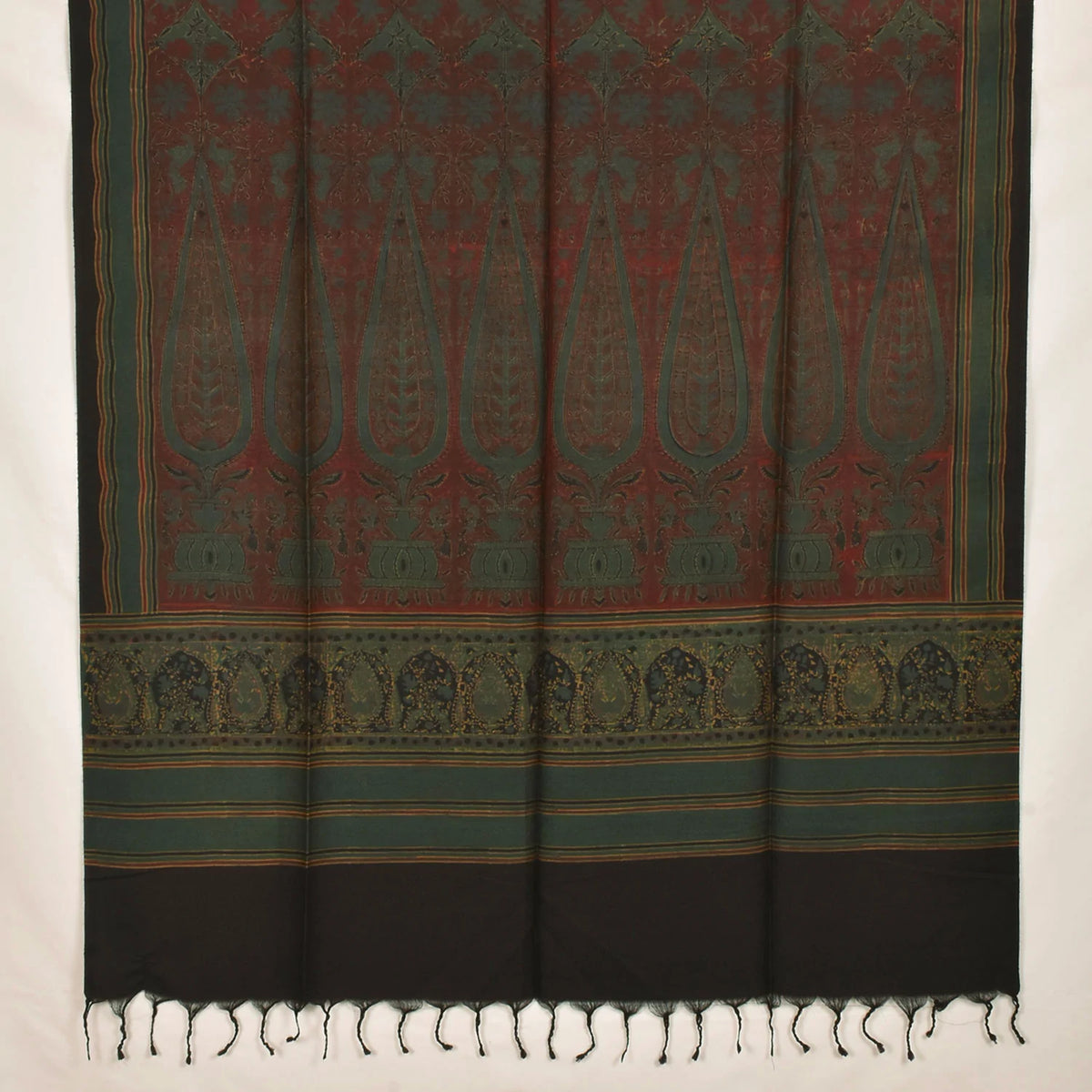 Dark Green Ajrakh Printed Muga Tussar Dupatta