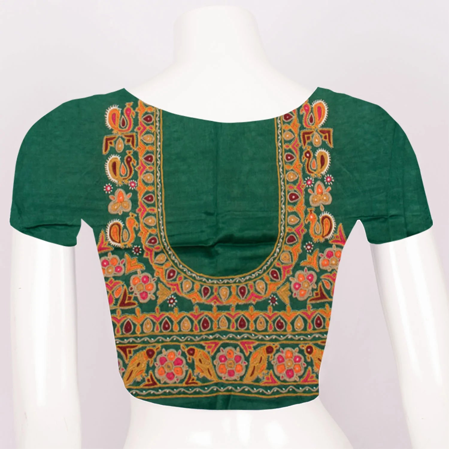 Green Mirror Embroidered Mashru Blouse Material