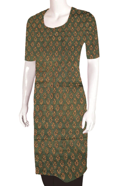 SIYAHI - GREEN HAND BLOCK PRINTED GAJJI SILK KURTA MATERIAL-Rutambhara-RUTAMBHARA