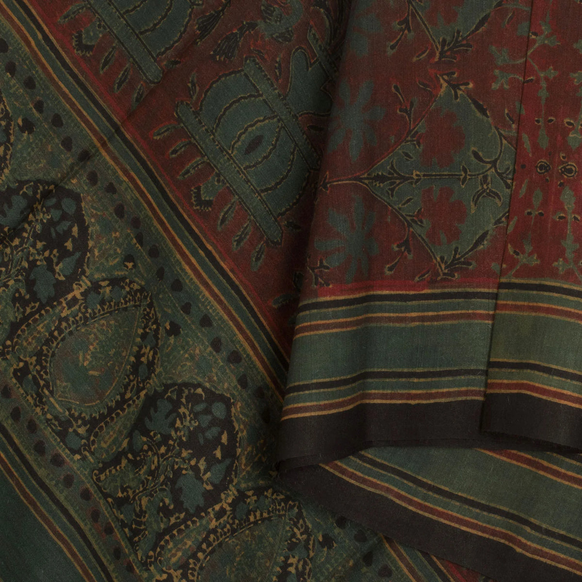 Dark Green Ajrakh Printed Muga Tussar Dupatta