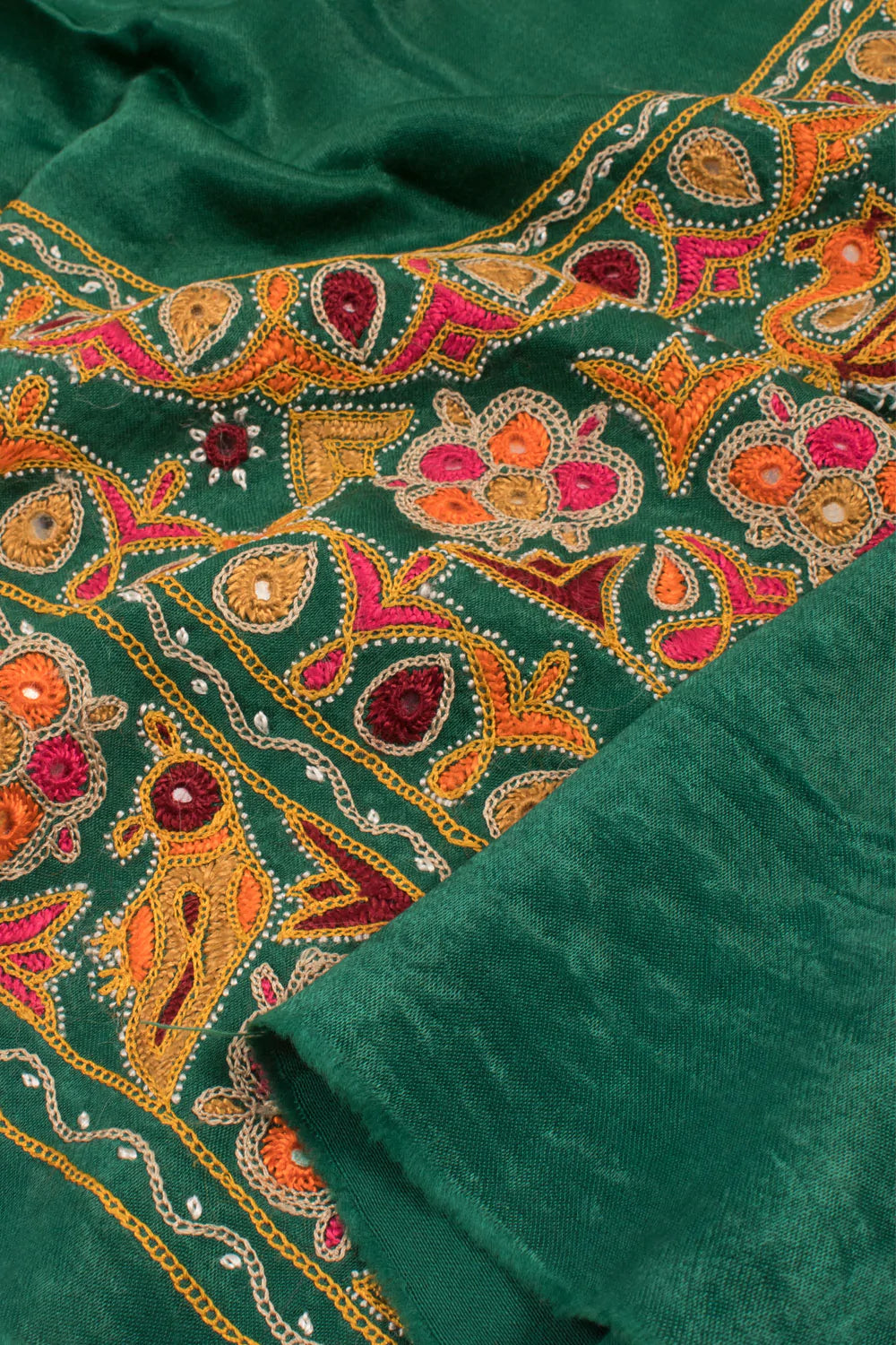 Green Mirror Embroidered Mashru Blouse Material