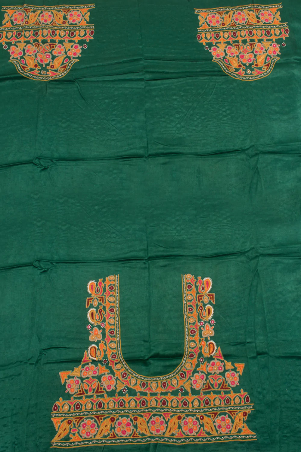 Green Mirror Embroidered Mashru Blouse Material