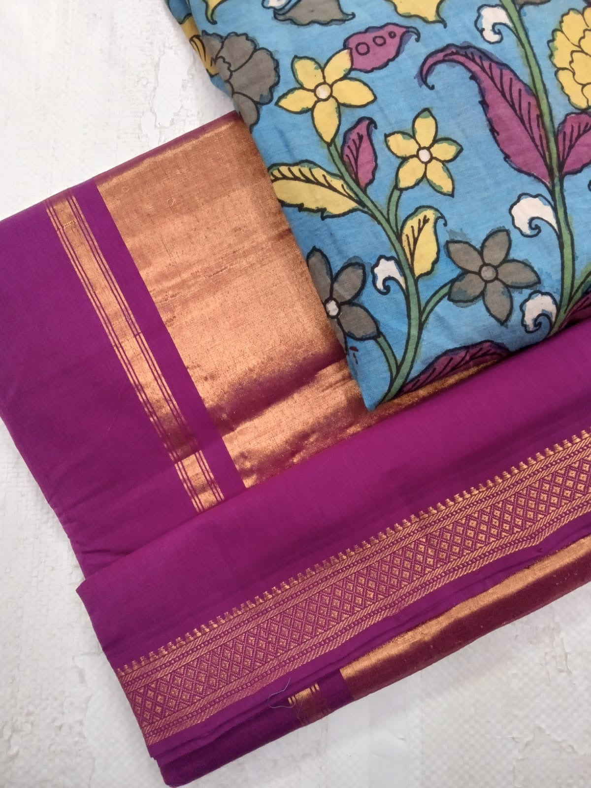 Bhadra - Elegant Magenta Pure Cotton Saree with Zari Border and Kalamkari Blouse Piece