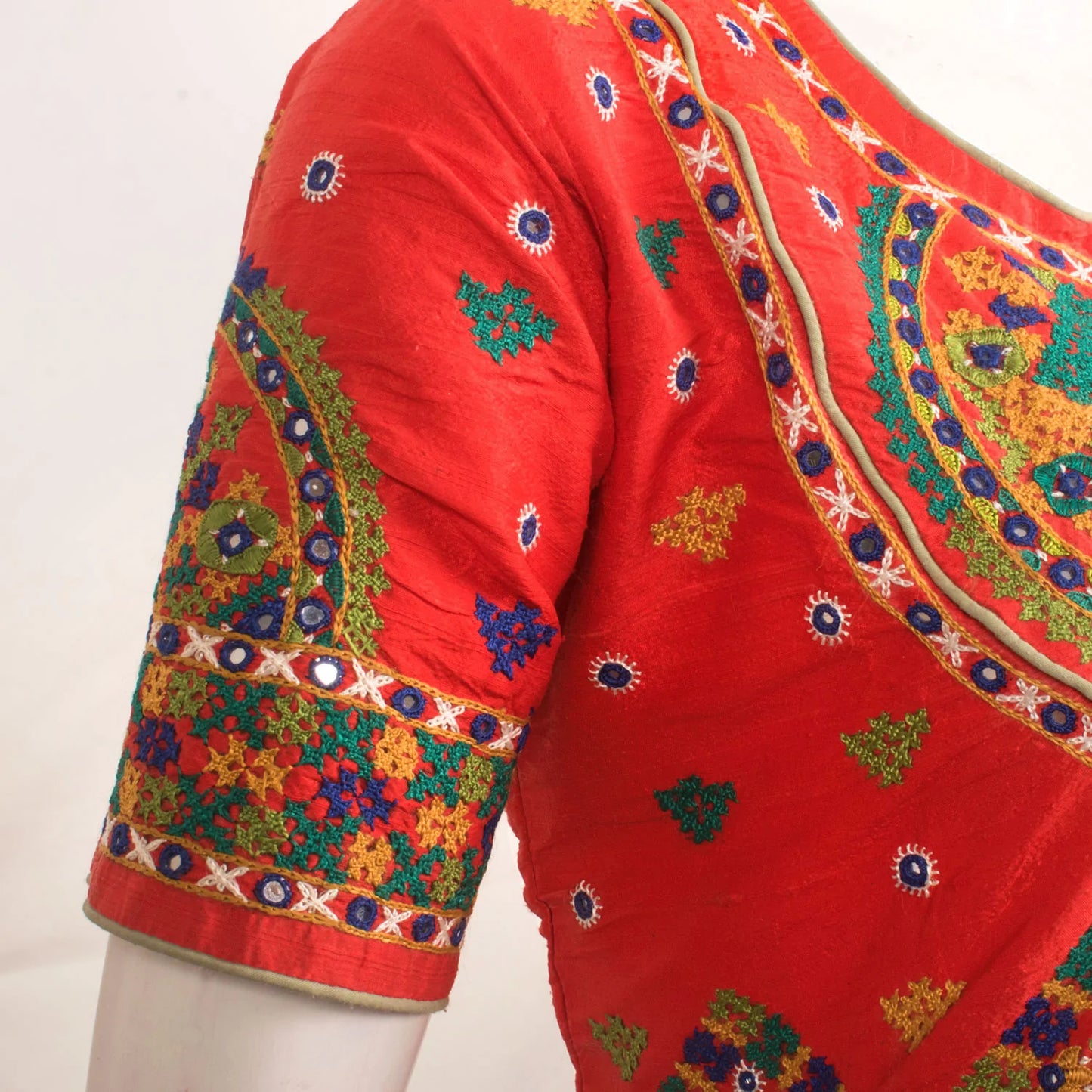 Orange Hand Embroidered Raw Silk Kutchi Blouse-Rutambhara-RUTAMBHARA
