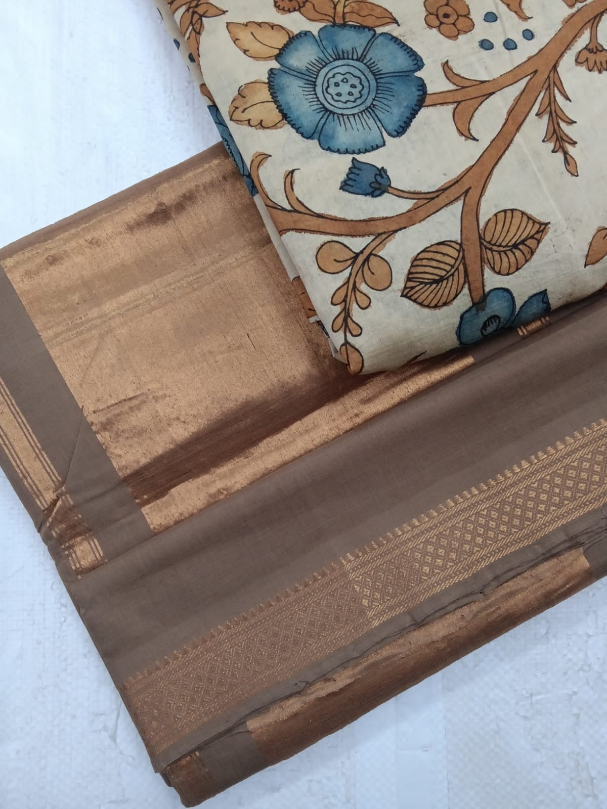 BHADRA - Elegant Earthy Brown Pure Cotton Saree with Gold Border and Kalamkari Blouse