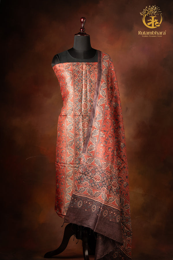 Ushraa - Madder Rust Ajrakh Tussar Silk Suit Set
