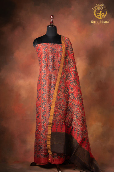 Ushraa - Indigo-Hinted Madder Ajrakh Silk Linen Suit Set with Zari Border