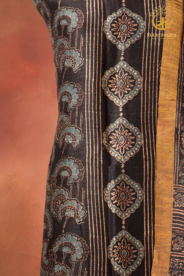 Ushraa - Kajal Black Ochre Ajrakh Silk Linen Suit Set with Zari Border
