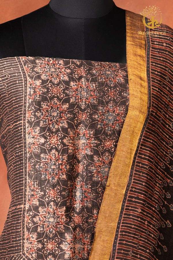 Ushraa - Smoked Brown Black Ajrakh Silk Linen Suit Set with Zari Border