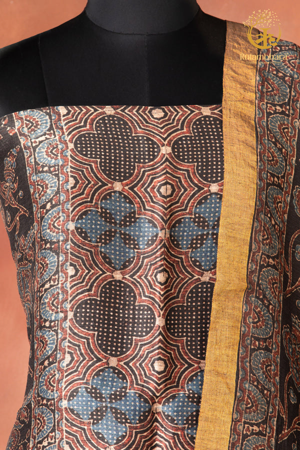 Ushraa - Inked Indigo Madder Ajrakh Silk Linen Suit Set with Zari Border