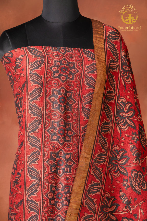 Ushraa - Indigo-Hinted Madder Ajrakh Silk Linen Suit Set with Zari Border
