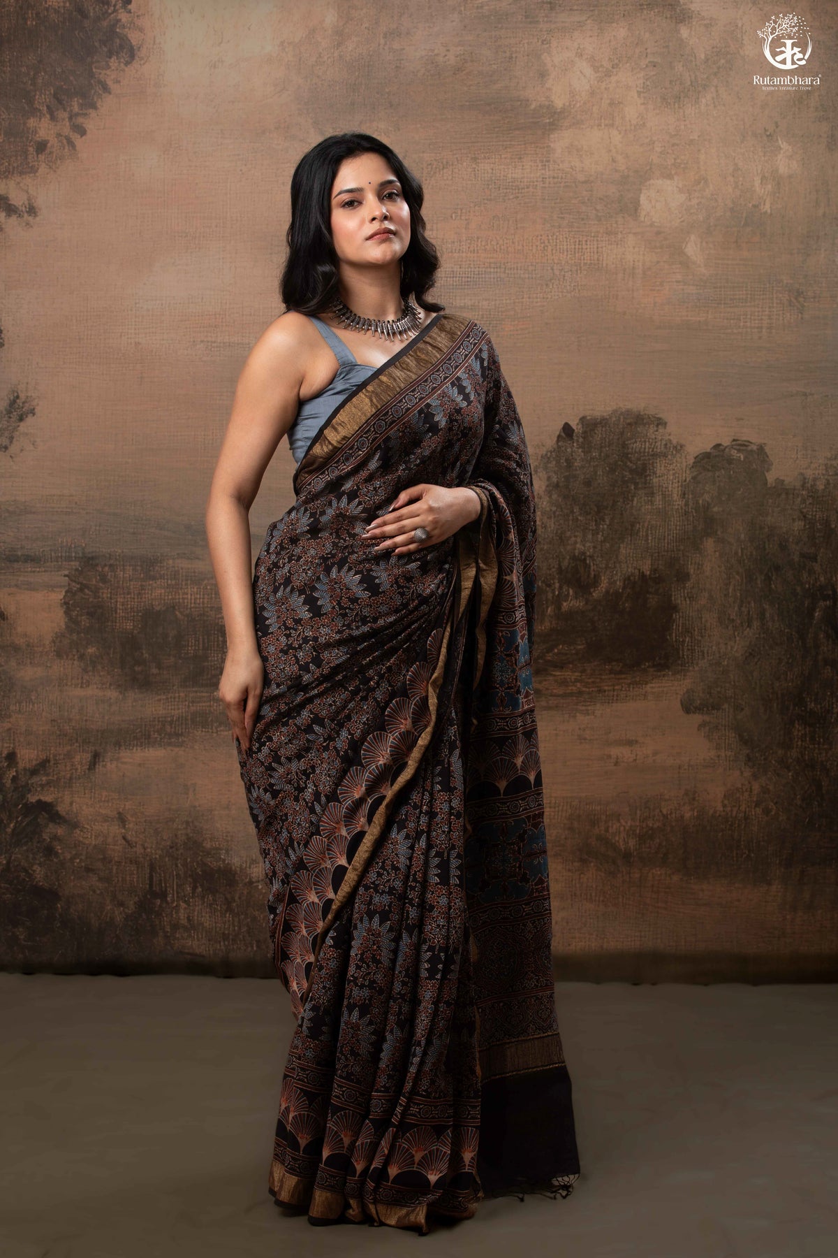Ushraa - Black Ajrakh Cotton Silk Saree