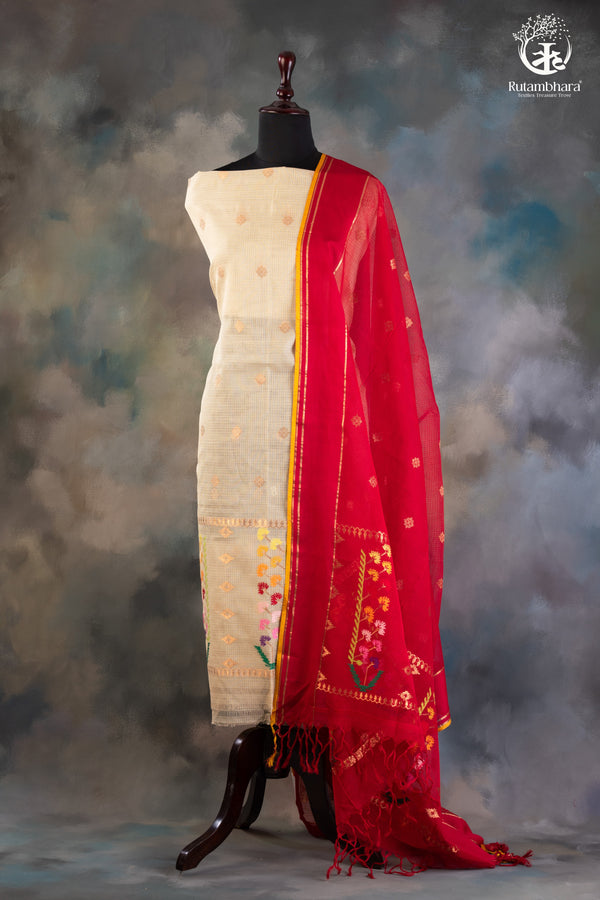 Ivory & Crimson Red Zari Kota Doria Suit Set with-RUTAMBHARA-RUTAMBHARA
