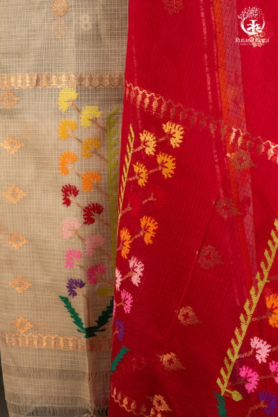 Ivory & Crimson Red Zari Kota Doria Suit Set with-RUTAMBHARA-RUTAMBHARA