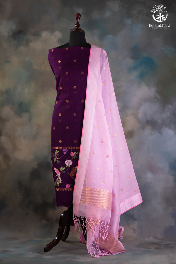 Doria Suit Set with Bird & Floral Embroidery-RUTAMBHARA-RUTAMBHARA