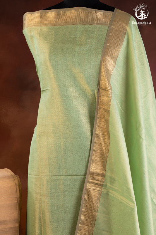 Sage Green Handwoven Maheshwari Zari Tissue Suit Set-RUTAMBHARA-RUTAMBHARA