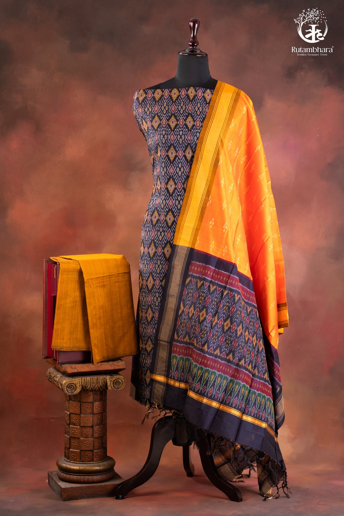 Navy Ikat Silk Cotton Suit Set with Mustard Orange Dupatta