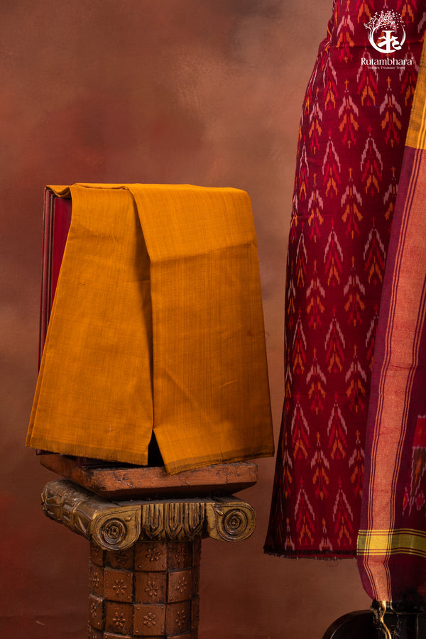 Maroon Ikat Silk Cotton Suit Set with Mustard Yellow Dupatta-RUTAMBHARA-RUTAMBHARA