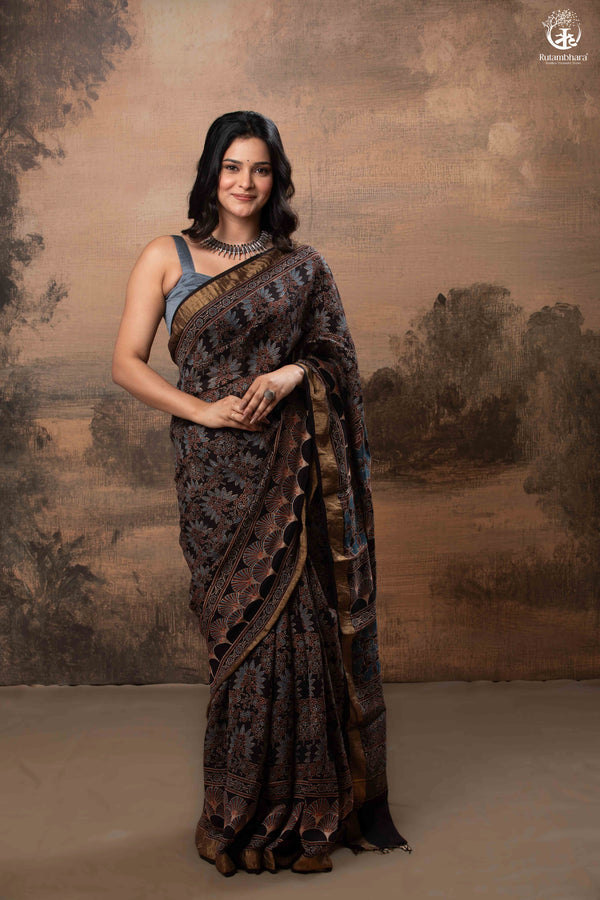 Ushraa - Black Ajrakh Cotton Silk Saree-RUTAMBHARA-RUTAMBHARA