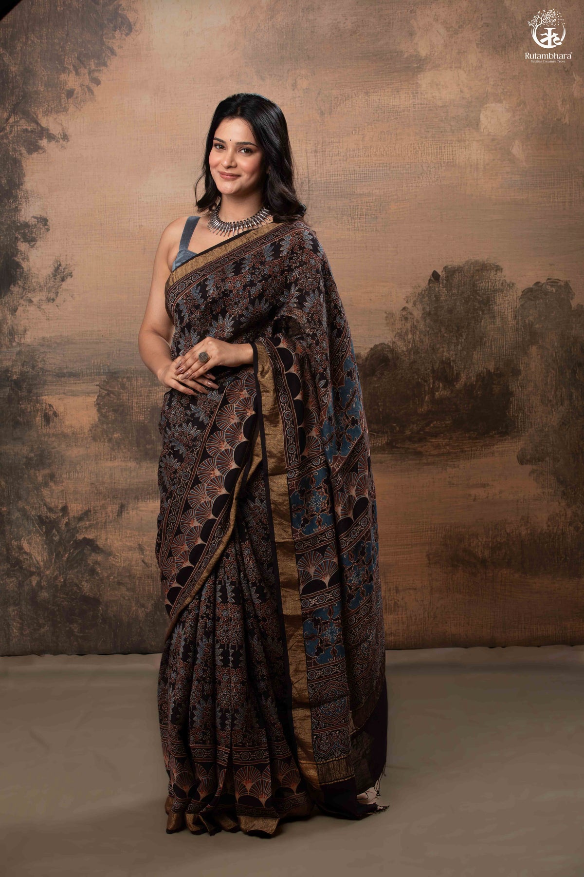 Ushraa - Black Ajrakh Cotton Silk Saree