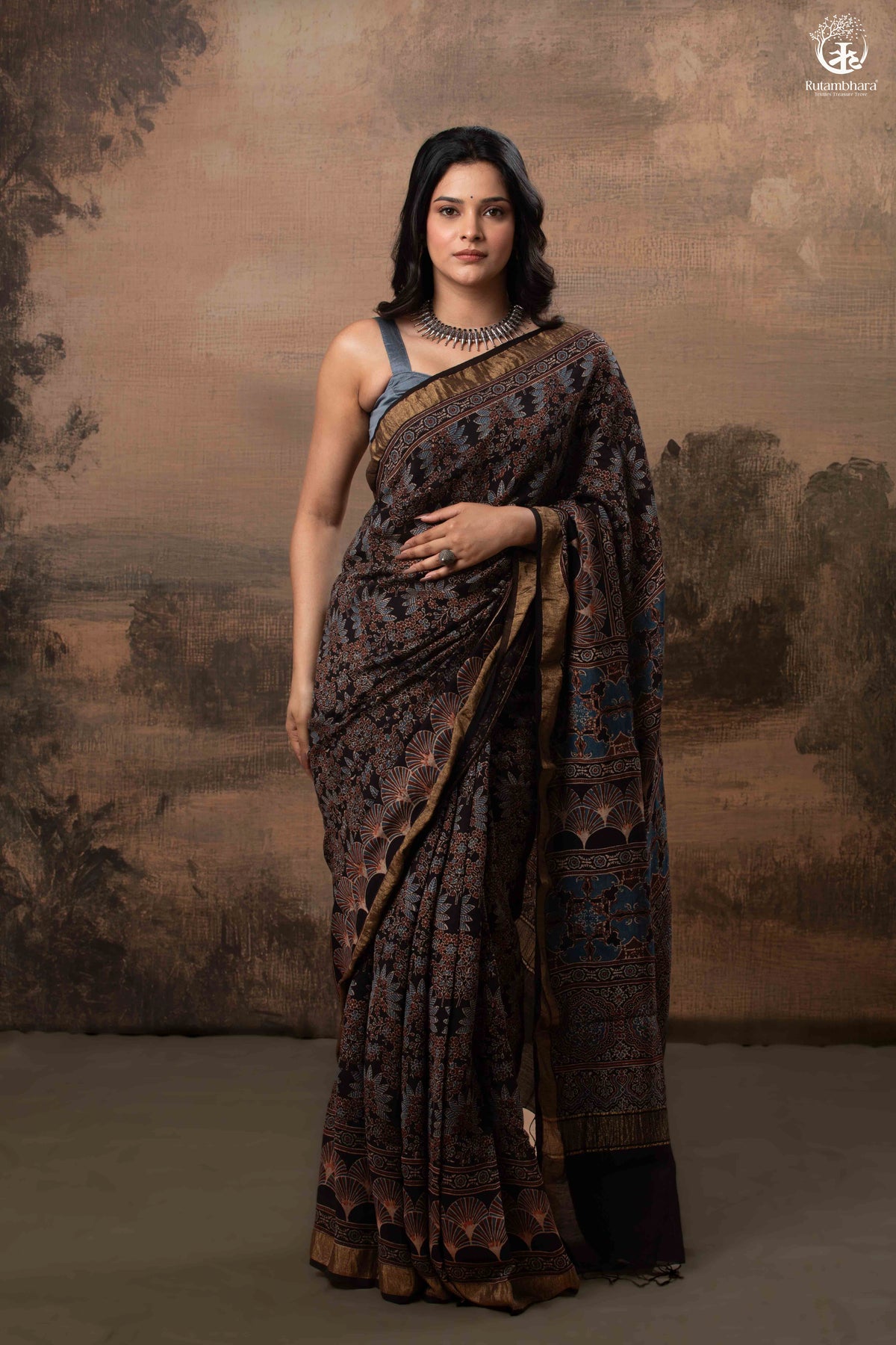 Ushraa - Black Ajrakh Cotton Silk Saree