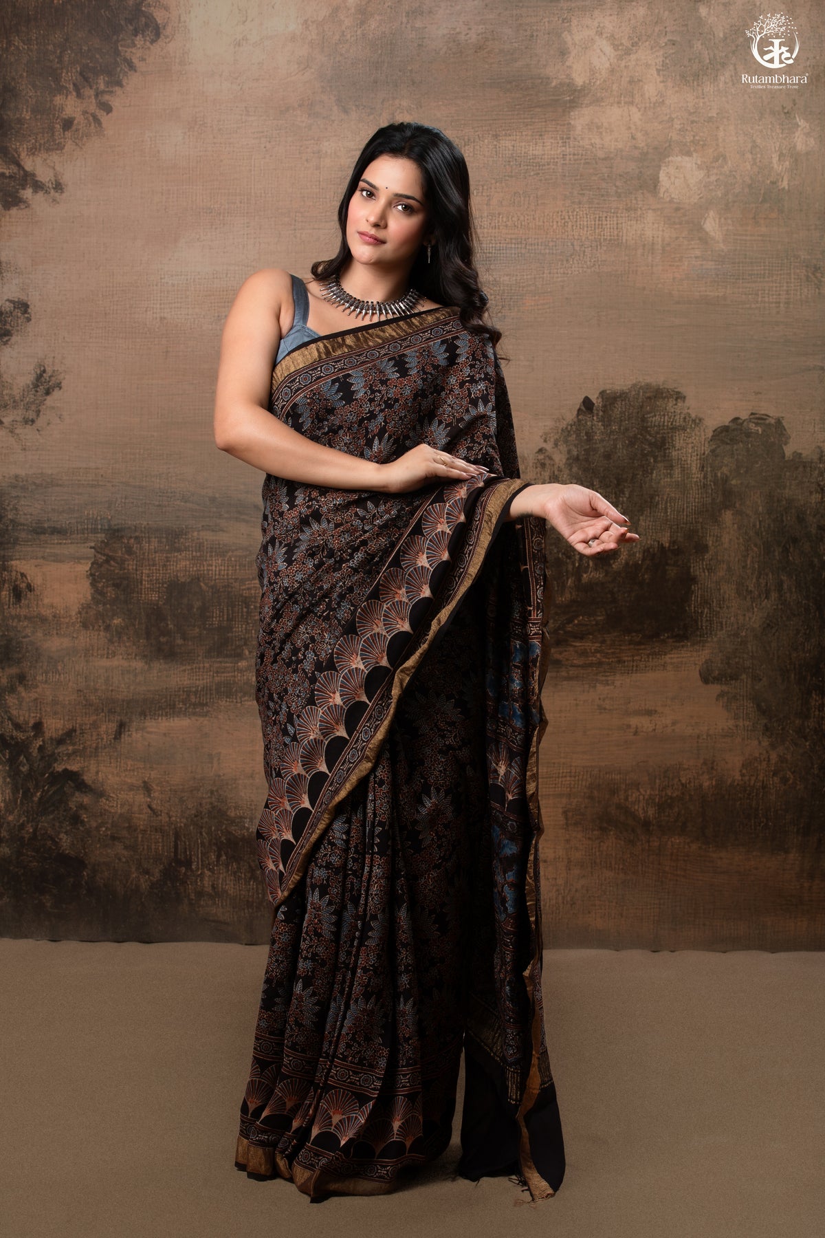 Ushraa - Black Ajrakh Cotton Silk Saree