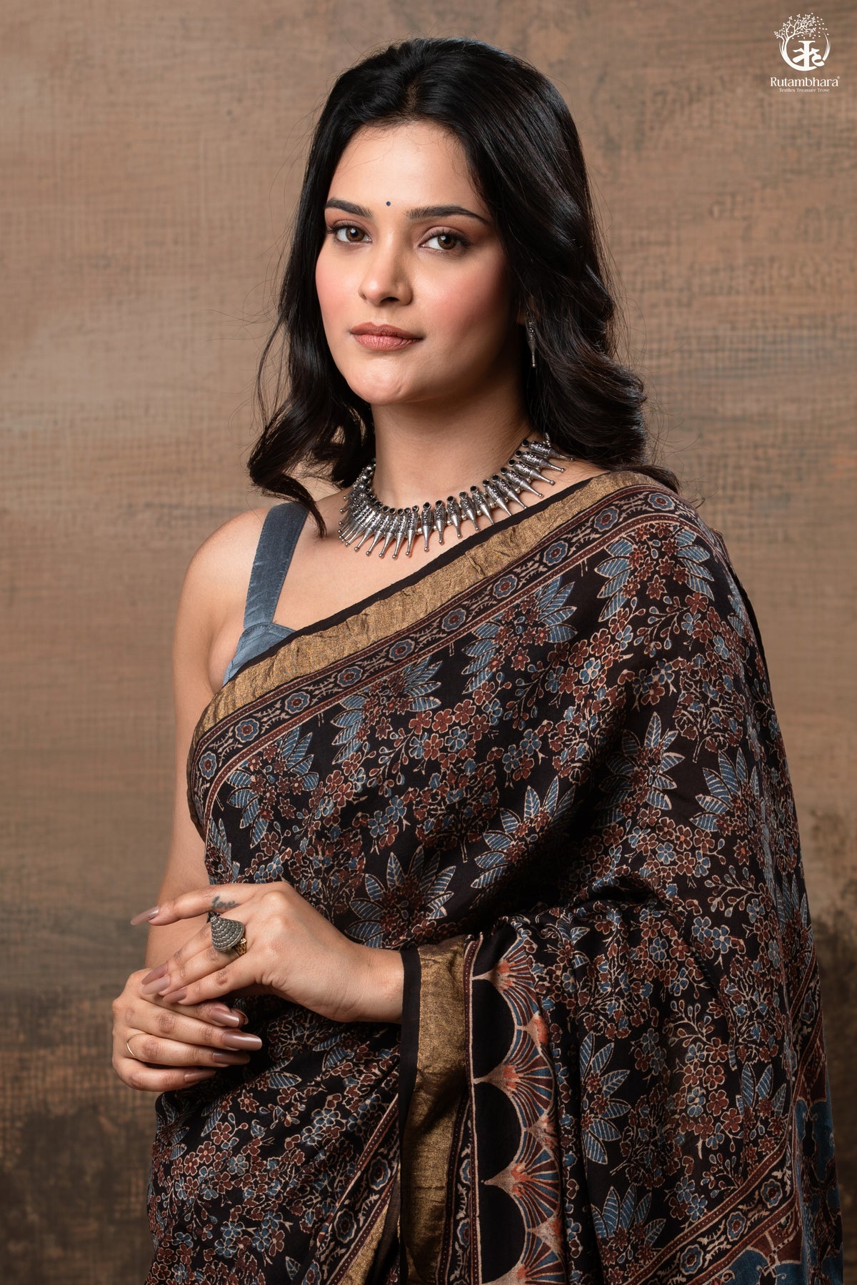 Ushraa - Black Ajrakh Cotton Silk Saree