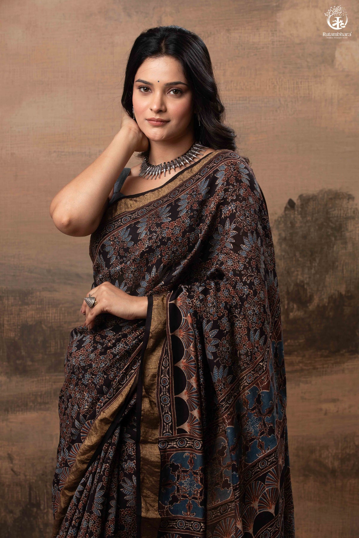 Ushraa - Black Ajrakh Cotton Silk Saree