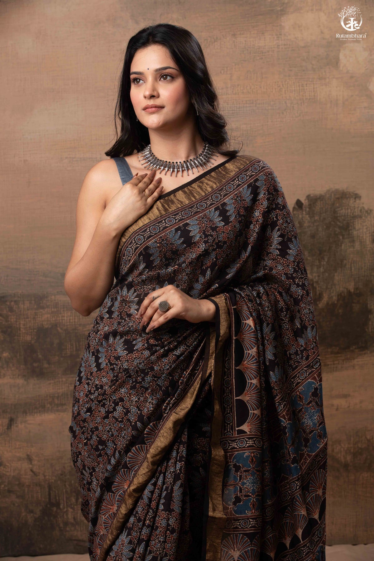 Ushraa - Black Ajrakh Cotton Silk Saree