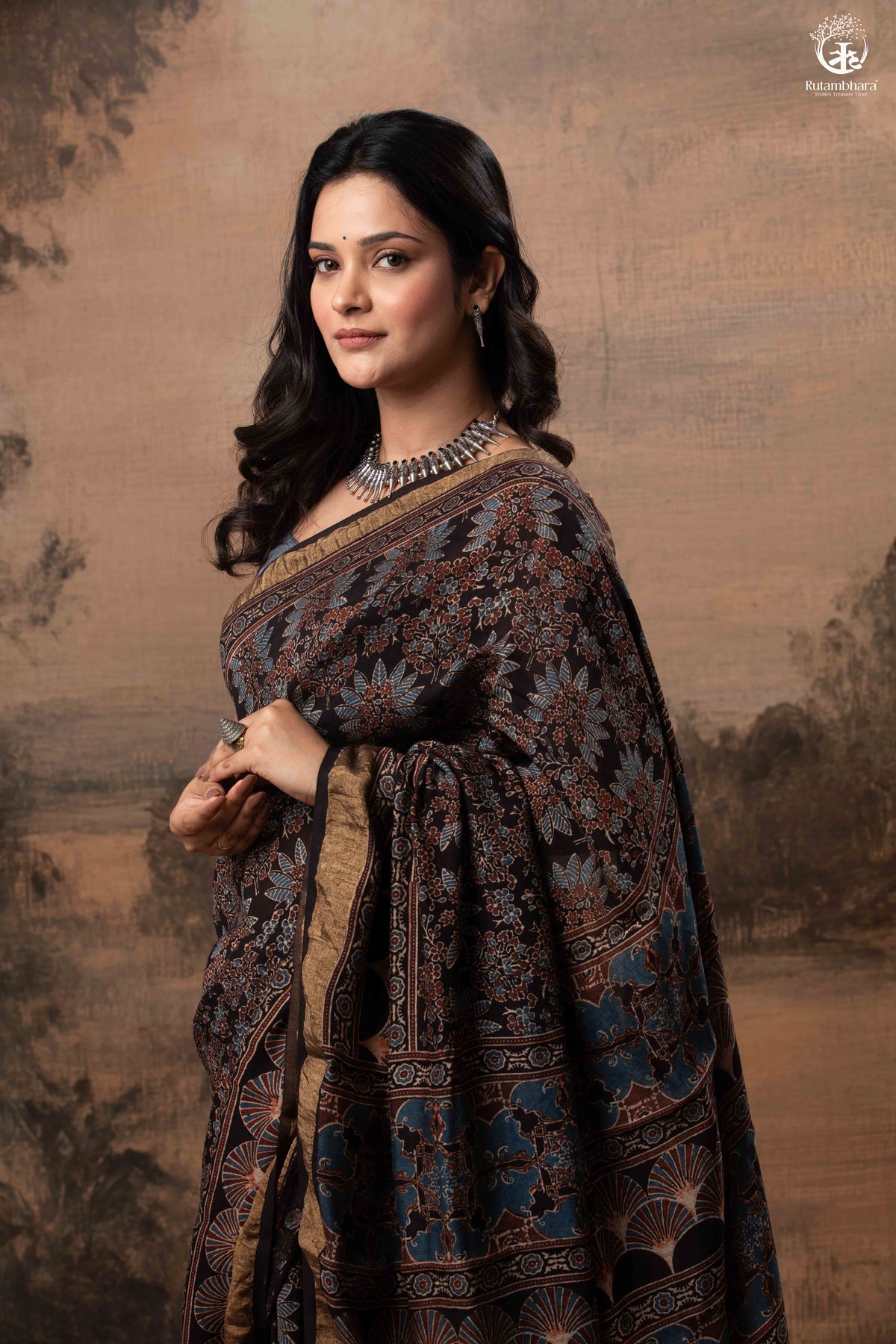 Ushraa - Black Ajrakh Cotton Silk Saree