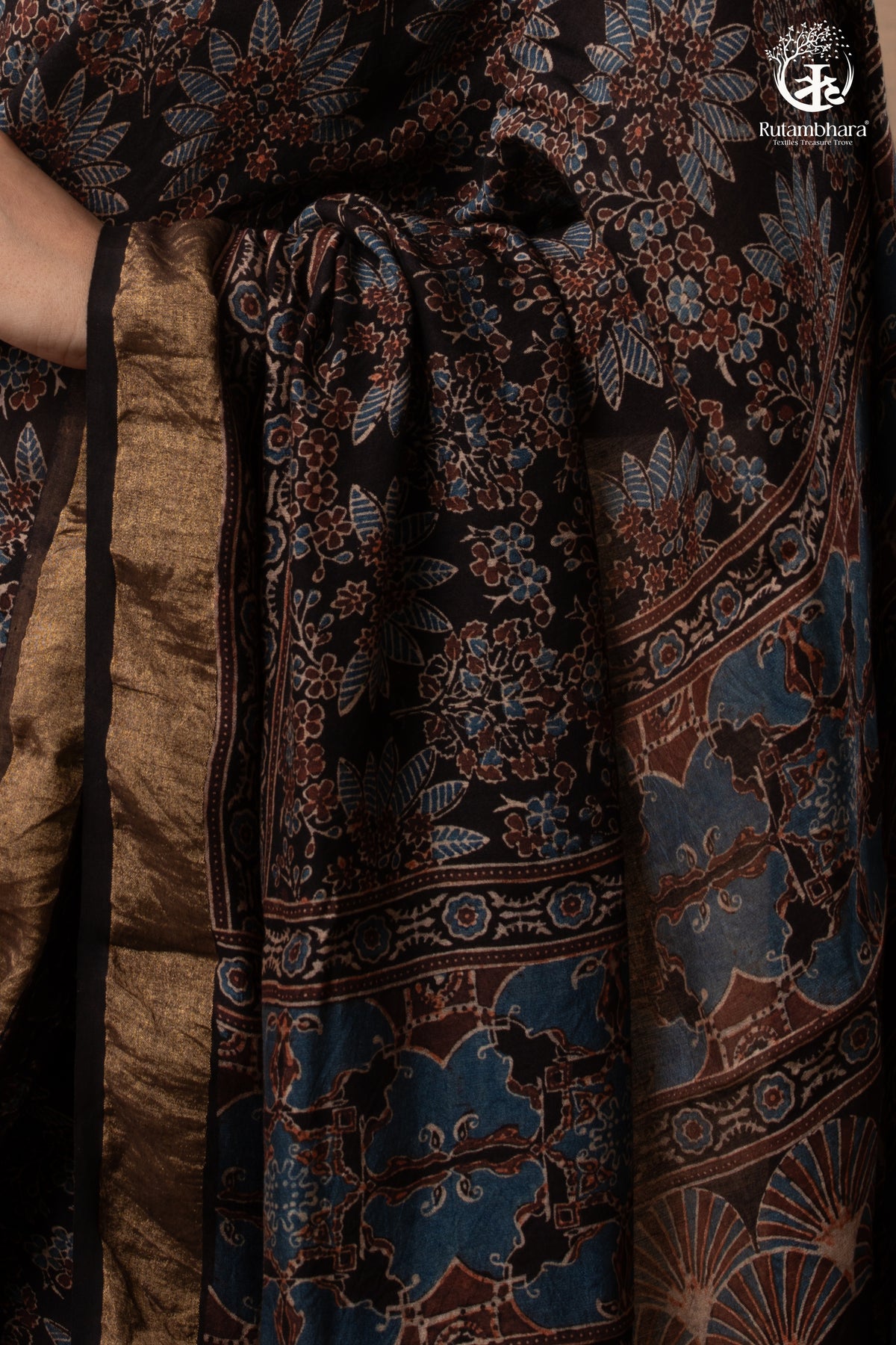 Ushraa - Black Ajrakh Cotton Silk Saree