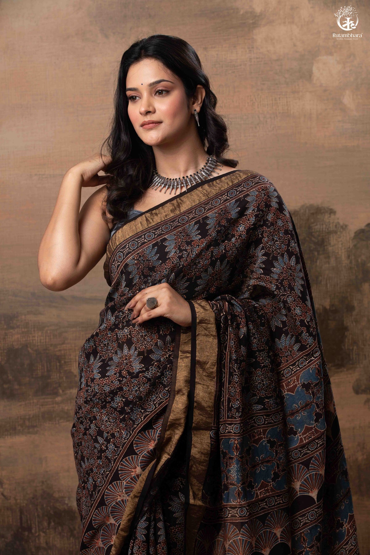Ushraa - Black Ajrakh Cotton Silk Saree