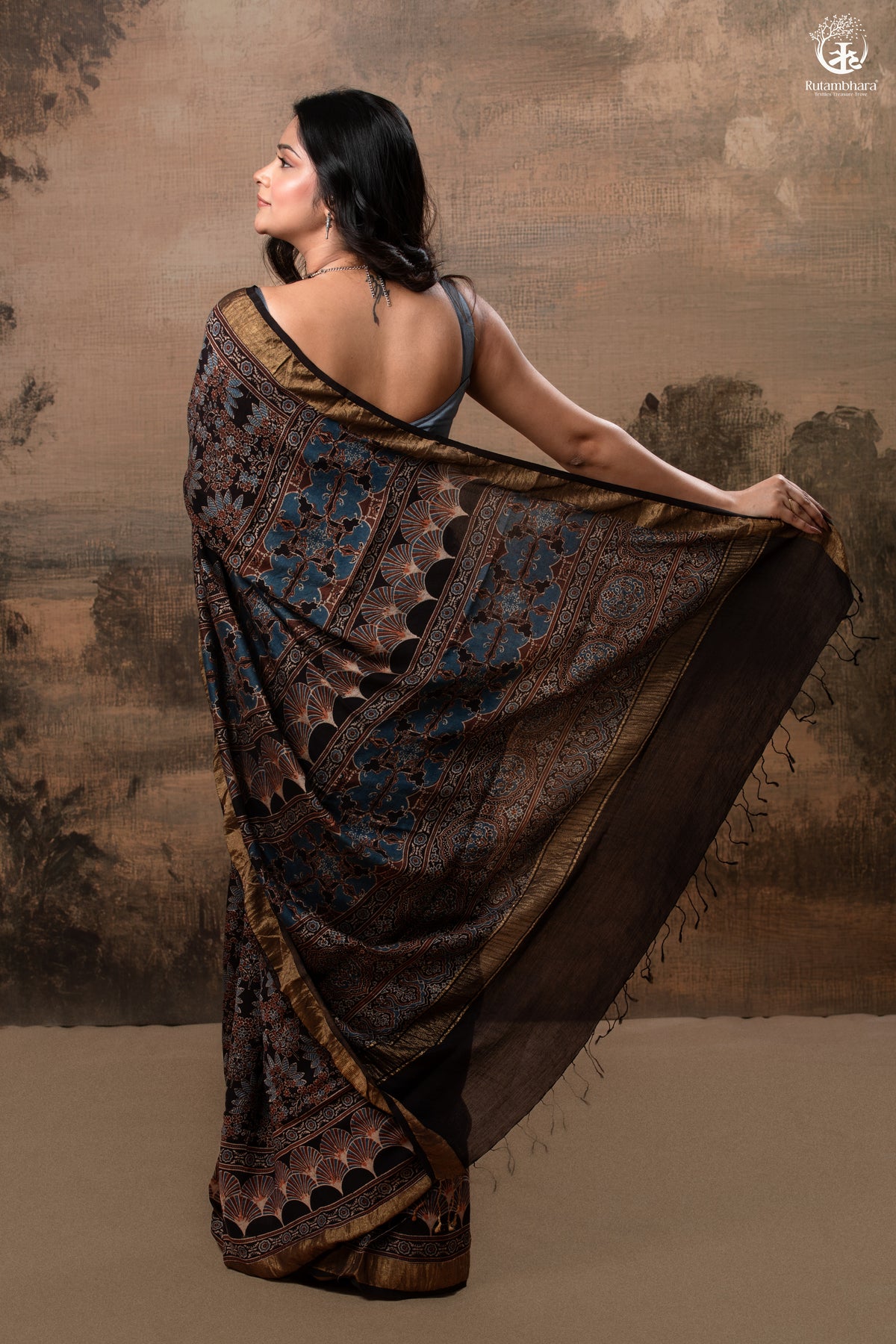 Ushraa - Black Ajrakh Cotton Silk Saree