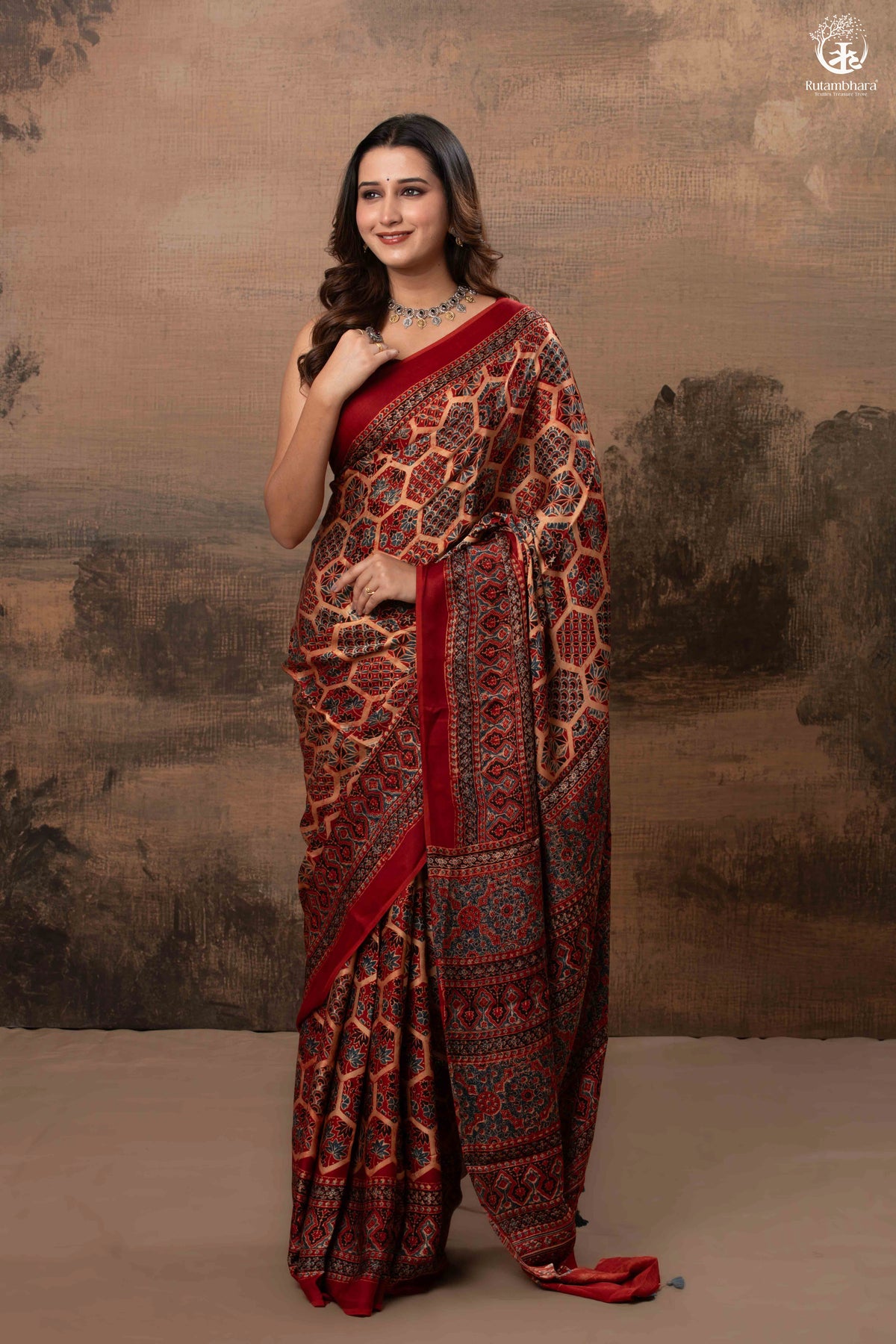 Ushraa - Ajrakh Hand Block Printed Red Modal Silk Saree