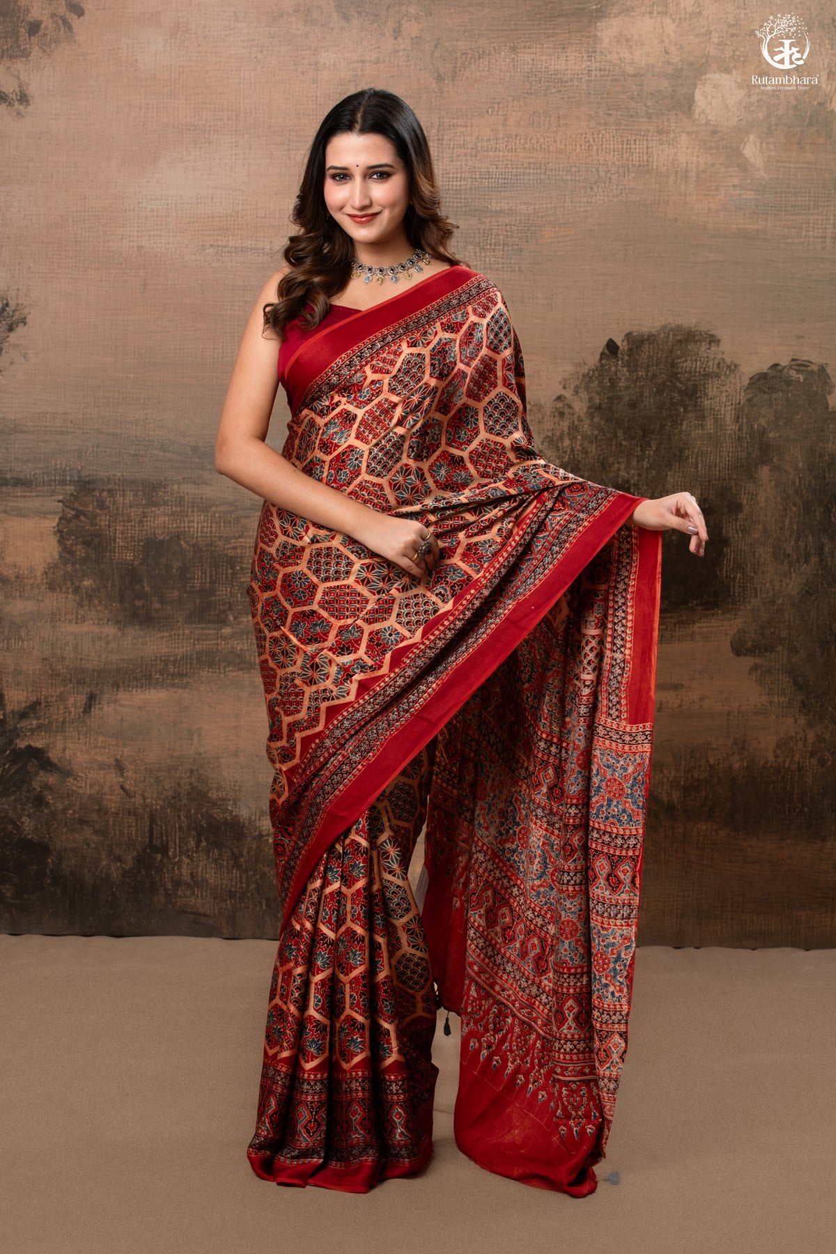 Ushraa - Ajrakh Hand Block Printed Red Modal Silk Saree