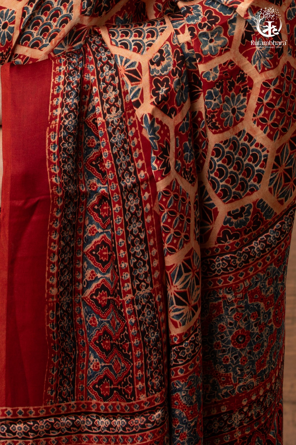 Ushraa - Ajrakh Hand Block Printed Red Modal Silk Saree