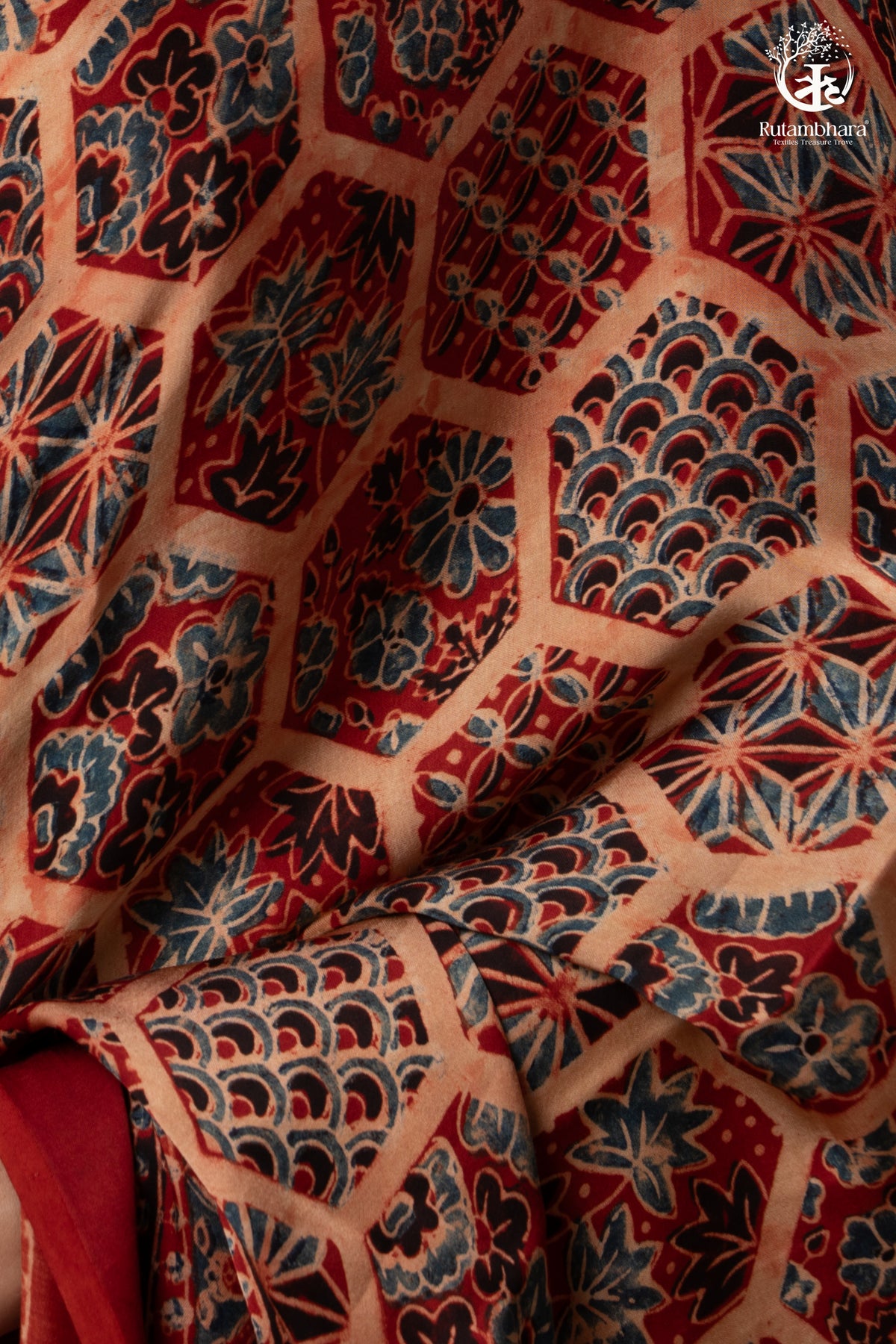 Ushraa - Ajrakh Hand Block Printed Red Modal Silk Saree