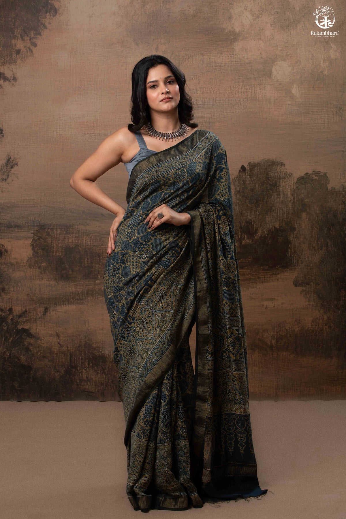 Ushraa - Ajrakh Hand Block Printed Indigo Cotton Silk Saree With Gold Zari Border