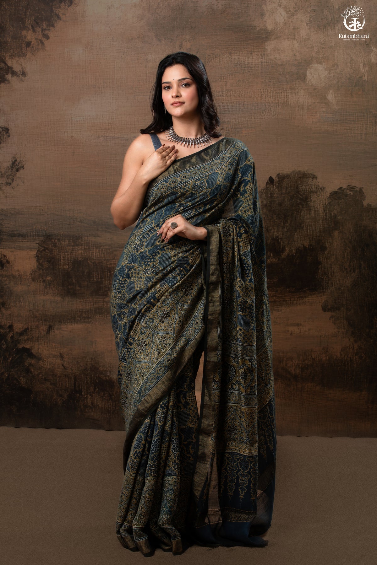 Ushraa - Ajrakh Hand Block Printed Indigo Cotton Silk Saree With Gold Zari Border