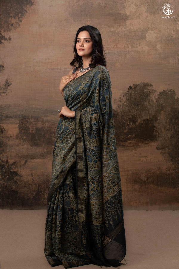 Ushraa - Ajrakh Hand Block Printed Indigo Cotton Silk Saree With Gold Zari Border-RUTAMBHARA-RUTAMBHARA
