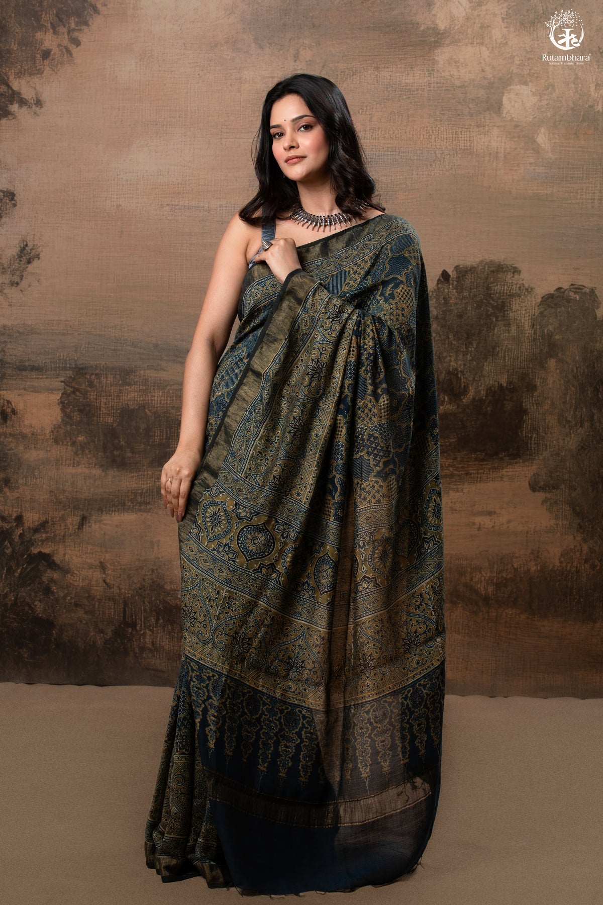 Ushraa - Ajrakh Hand Block Printed Indigo Cotton Silk Saree With Gold Zari Border