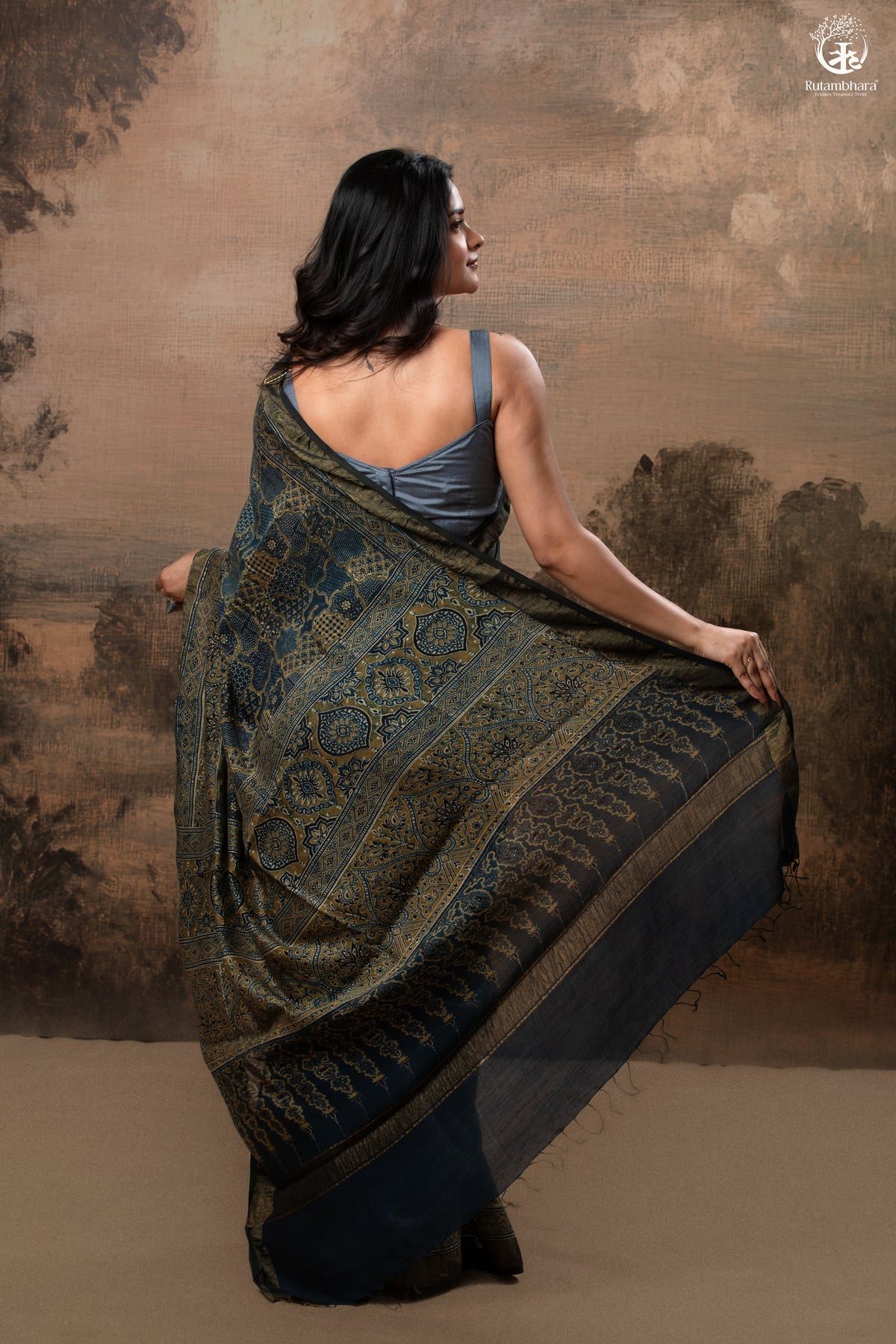 Ushraa - Ajrakh Hand Block Printed Indigo Cotton Silk Saree With Gold Zari Border