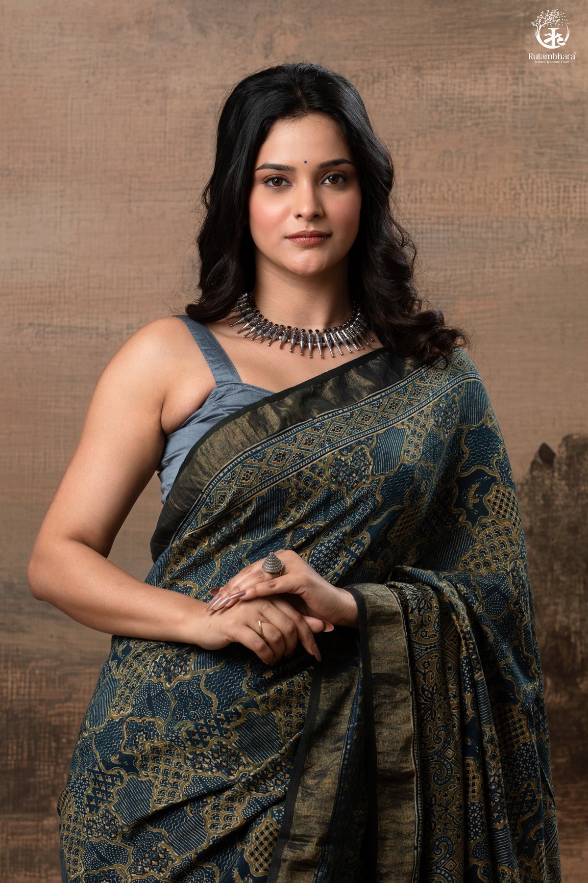 Ushraa - Ajrakh Hand Block Printed Indigo Cotton Silk Saree With Gold Zari Border
